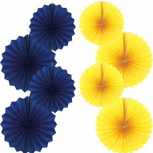 We Moment Zone Party Hanging Paper Fans Set, Blue Yellow 40.6CM(16in) and 30.4CM(12in) Round Paper Fans Decoration for Birthday Wedding Graduation Events Accessories,Set of 8