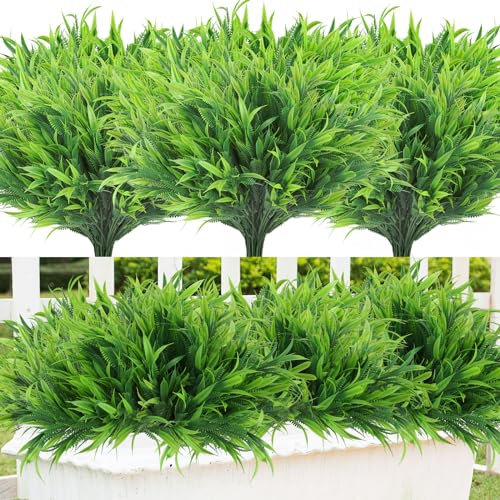 N&T NIETING Artificial Plants Outdoor, 8 Bundles Fake Boston ferns Greenery Grass Stems UV Resistant Faux Shrub Bushes Plastic Plants for Garden Yard Porch Planter Window Box Decoration
