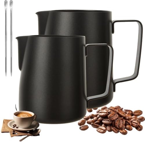AHAQU 350ml/600ml Milk Frothing Pitcher, Stainless Steel Espresso Jug with Art Pen, Milk Frother Jug for Coffee Machine, Metal Barista Milk Jug for Cappuccino, Latte- Black