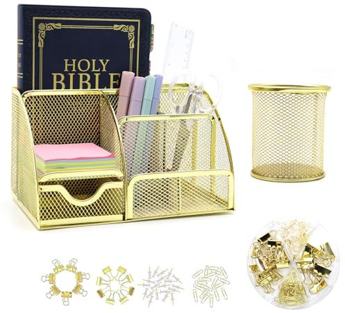 Goldfarbener Schreibtisch-Organizer und Zubehör für Damen, Büro, goldener Stifthalter, goldfarbener Schreibtisch-Organizer aus Metallgeflecht mit Schublade für das Büro, Schulgeschenk für Kolleginnen