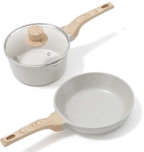 RIOVARM Antiaderente Padella, Induzione Set di padelle con coperchio, 18cm Casseruola Padella, 20cm Padella con rivestimento in granito, Set di pentole senza PFOA, Padella per latte, Omelette