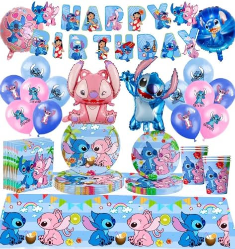 Stitch Stoviglie per Feste,Decorazioni Compleanno Stitch, Festa di Compleanno a Tema-Piatti,Happy Brithday Banner ,tazza di carta,Tovaglia (B)
