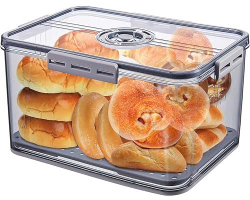 Airtight Bread Bin With Time Recording Lid - Kitchen Counter Storage Box for Homemade Bread, Toast, Bagel, Fruit, Vegetables (Grey)