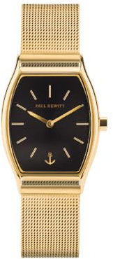PAUL HEWITT Damen-Armbanduhr Modern Edge – Barrel Gehäuse, Schwarz-Gold Zifferblatt, Sunray Design, Edelstahl Mesh-Armband