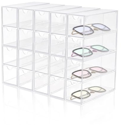 RETON 5 Pack Acrylic Sunglasses Organizer, Clear Eyeglasses Case with 20 Drawers, Stackable Acrylic Storage Organiser for Glasses Storage, Dustproof Eyeglass Storage Display Case for Sunglasses Jewell
