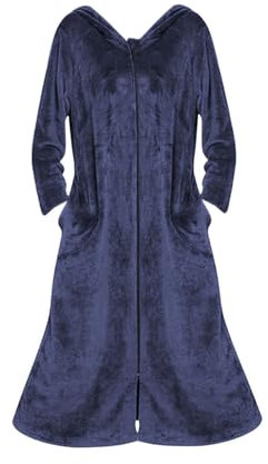 Handtuch Poncho Damen-Flanell-Bademantel mit Reißverschluss vorne, Ganzkörper-Bademantel, Flanell-Bademantel, Winter-Warmer Hausmantel, Nachthemd, Bademantel Damen Ohne Kapuze Bademantel (Navy, M)
