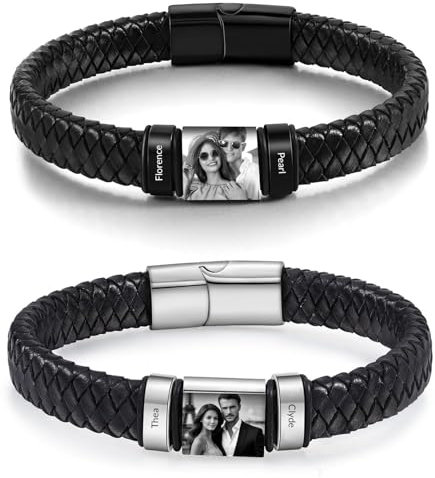 WBW Personalised Photo Leather Bracelet, Custom Engraved Men's Bracelet with Name/Text, Black, Customised Valentine's Day Gift