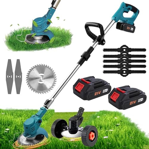 21V Cordless Strimmer, Grass Trimmer with 18,000RPM and 750W Motor, Foldable, Low-noise, Garden Strimmer Cordless with 2 Batteries, 3 Types of Blades and Wheels for Garden/Farm