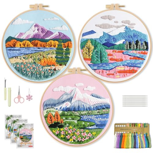 WIVLAX 3-teiliges Stickset Erwachsene – Berglandschaft | Inklusive Trommel, Fäden, Nadeln & Video. DIY Berglandschaft Set Perfektes Geschenk für Frauen und Bastler
