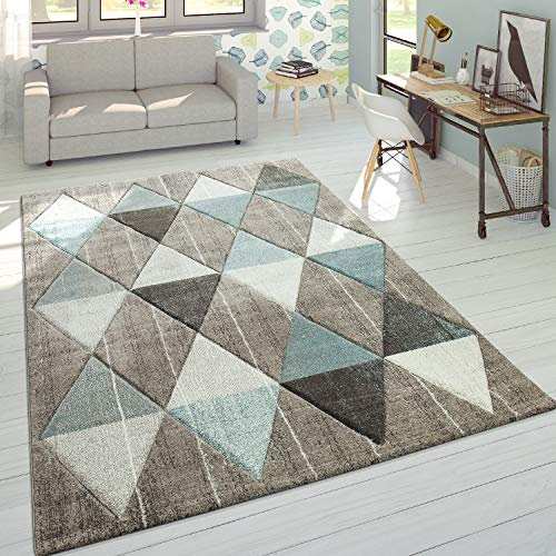 Paco Home Designer Teppich Modern Konturenschnitt Pastellfarben Rauten Design Beige Blau, Grösse:160x230 cm