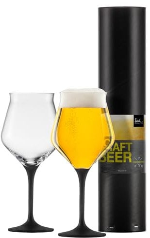 EISCH Craft Beer Experts Black Kelche 0,435 l (2 Stück) in Geschenkröhre, handbemalte Biergläser mit bauchiger Form, spülmaschinenfeste Kristallgläser mit schwarzem Stiel (Art.-Nr. 180112)
