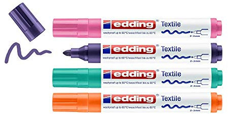 edding 4500 Textilmarker - orange, violett, pink, grün - 4 Stück - Rundspitze 2-3 mm - Textilstifte waschmaschinenfest (60 °C) zum Stoff bemalen - Stoffmalstift