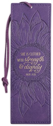 Christmas Art Gifts Vegan Leather Scripture Bookmark for Women: Strength and Dignity - Proverbs 31:25 Inspirational Bible Verse Heat-Debossed, Faith-Based Reading Accessory w/Tassel, Purple Sunflower