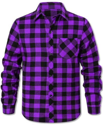 Cromoncent Camicie a maniche lunghe da uomo in flanella casual a quadri, Viola, 3XL
