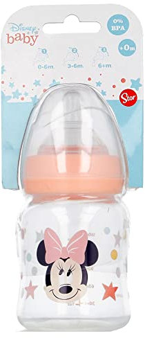 Biberon Bambini Disney Minnie da 150 ml, in plastica senza BPA, con tettarella anti colica, lavabile e riutilizzabile, adatto a microonde e lavastoviglie