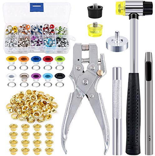 Swpeet Lot de 306 Œillets Métalliques 10 Couleurs 1,9 cm - Kit d'Installation Avec Pince Perforatrice, Maillet Souple et 100 Œillets Dorés