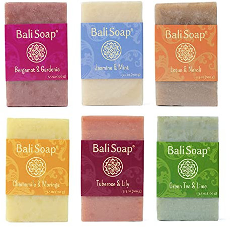 Natürliche Bali-Seife für Frauen – vegan, handgefertigt, 6 Stück 100 g – Feminine Kollektion für Gesicht, Hand und Körper – luxuriöse Geschenk-Option.