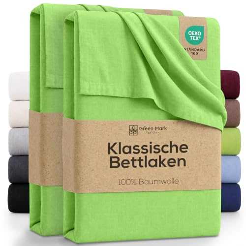 Green Mark Klassische Bettlaken – 2er Pack Flache Laken aus 100 % Baumwolle, ohne Gummi, hautfreundlich, pflegeleicht, bei hohen Temperaturen waschbar - Apfel Grün - 150x250 cm