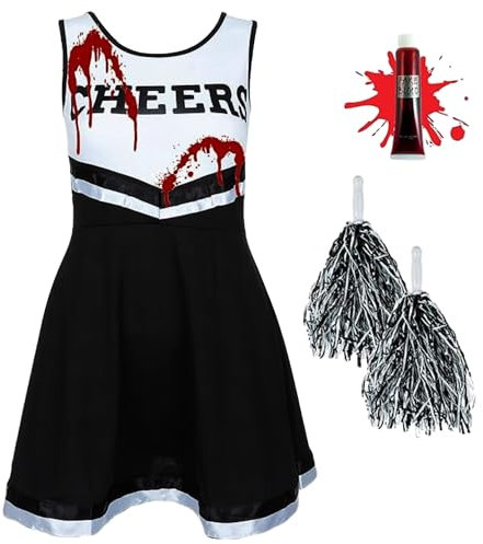 REDSTAR Cheerleader Kostüm Kinder mit Pompons in Schwarz oder Rot – Perfekt für Karneval, Fasching & Tanzaufführungen