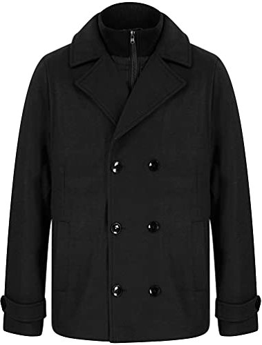 Tokyo Laundry Men's Uxmal Double Breasted Pea Coat with Funnel Neck Insert - Black - M