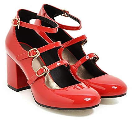 HOTRA Mary Jane Tacco Grosso con Cinturino alla Caviglia per Donne Pelle Verniciata alla Moda Punta Chiusa Scarpe con Décolleté con Plateau (Color : Rosso, Size : 43 EU)