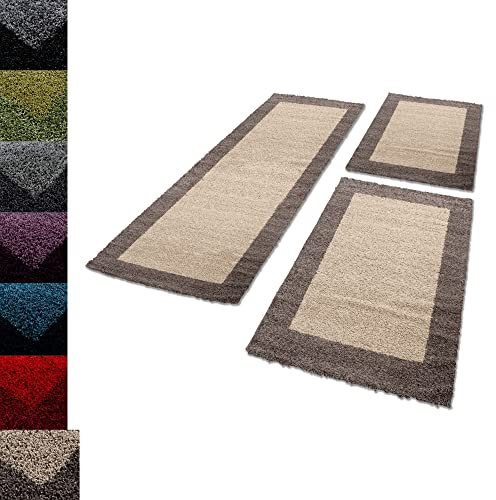 Carpettex Bettumrandung Schlafzimmer 3teilig Shaggy Teppich Hochflor Bordüre Muster Taupe Bettset:2 mal 60x110 + 1 mal 80x150 - Bettvorleger Schlafzimmer Läuferset Weich Langflor Bettumrandung Teppich