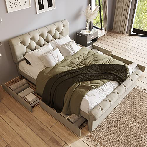 FEZTOY Polsterbett mit 4 Schubladen, Doppelbett 140x200 Bettgestell, Gepolsterter Plattformbettrahmen| Höhenverstellbarem Kopfteil | Lattenrost, Jugendbett (140x200-ohne Matratze)