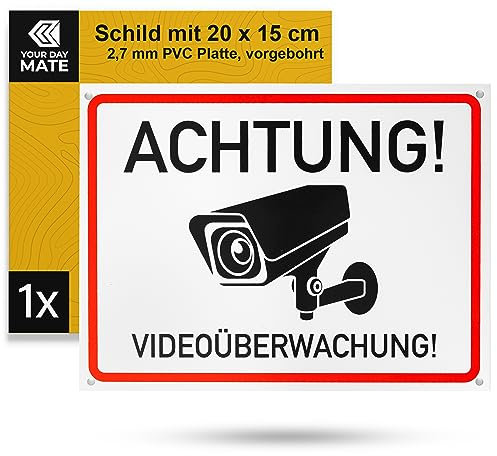 Hinweisschild Achtung! Videoüberwachung!, 1 Stück, 20 x 15 cm, 2,7 mm starkes PVC Schild mit Bohrlöchern, Kamera Warnschild für Innen- und Außenbereich, Video Überwachung Schild Privatgrundstück