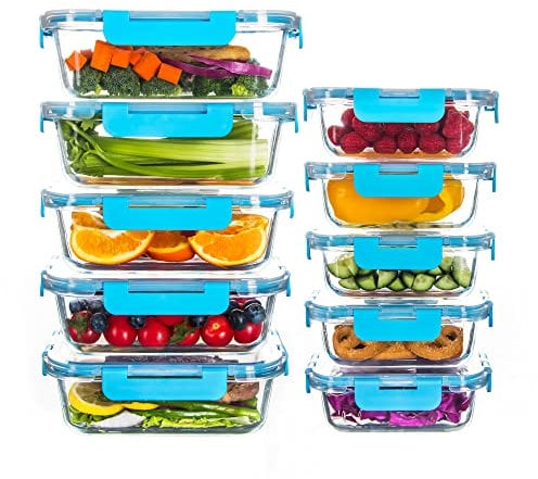 HAKEEMI Lot de 10 boîtes de conservation alimentaire en verre hermétiques avec couvercle, passent au micro-ondes/lave-vaisselle, bleu