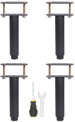 Pied de Lit Universel, Pieds pour Sommier à Lattes sans Perçage | Hauteur: 8cm(+5cm) Reglable | Design: Noir | Matériel: Metallique | Ronde ø3.8cm | pour le Cadre Central | avec Boulons | Lot de 4