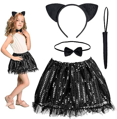 HONMOK 4 Pezzi Costume da Gatto per Bambini,Halloween Costume da Gatto Nero,Vestito da Gatto,con Gonna Tutù, Fascia per Orecchie di Gatto,Coda di Gattino,Cravatta a Farfalla per 3-10 Anni Ragazza