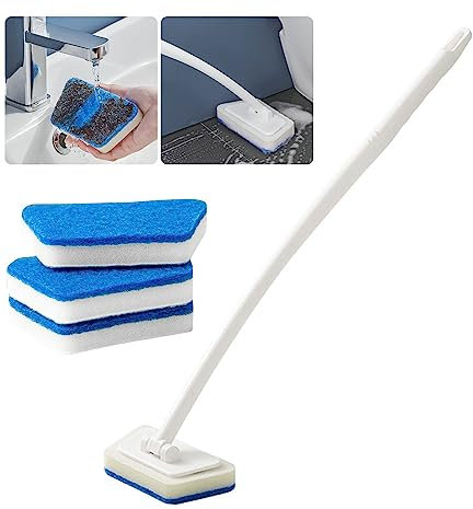 2 in 1 Shower Cleaning Brush with 4 Sponge Brush Heads Scrubbing Brush Long Handle Bathroom Cleaning Brush 180° Rotatable Tub and Tile Scrubber Brush for Shower Bath Bathtub Tub Wall Cleaning