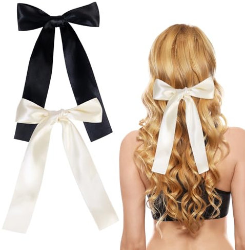 2 Stück Haarschleife für Mädchen, Haarspangen mit Schleife Haarschmuck für Mädchen Damen Satinbandschleifen Hair bow(Schwarz, Beige)