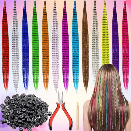 SoundZero Kit 50 Pièces Plumes Colorées pour Cheveux - Extensions à Clipser pour Enfants, Mèches avec 1 Pince, 1 Crochet et 100 Perles