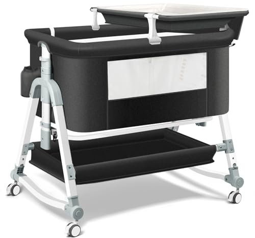 Uuoeebb 4 in 1 Baby Bedside Crib, Baby Crib with Changing Table, Travel Cot with Mattress Included, 5 Level Height Adjustable Bedside Cribs for Newborn (Black)