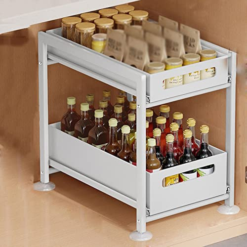 Almacenamiento debajo del fregadero Cesta deslizante extraíble de 2 niveles para gabinete Organizador de armario de cocina Estante de almacenamiento de metal para cocina Baño (negro) (Color: Blanco,