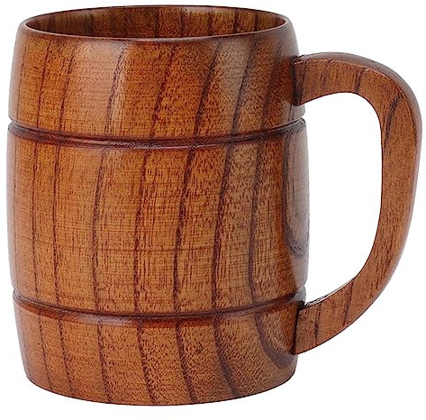 Tissting Holz Bierkrug 300ml Eimer Form Handgefertigter Gravur Bier Becher mit Griff, Retro Deko Geschnitzter Humpen Trinkbecher für Kaffee Getränke Tee Saft