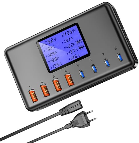 Layajia 152W USB C Ladegerät Mit LED-Display, Mehrfach Ladestation Desktop Adapter Mit 4 USB C und 4 USB A für MacBook, iPhone, iPad, Galaxy, etc-Schwarz