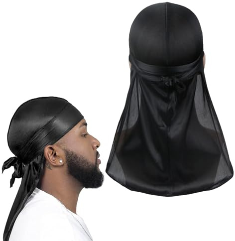 Norhogo Elastische Satin-Haube, ultraweich und faltenfrei, Satin-Seide, dicker Piratenhut, stilvoll und bequem, breiter und langer Schwanz, perfekt für Wellen, Zöpfe und Locs (schwarz), Schwarz ,