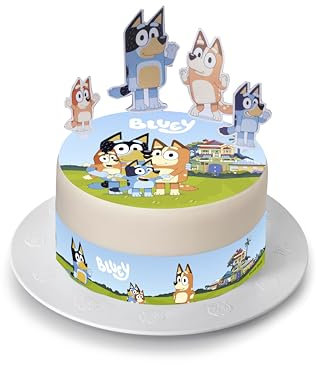 Kardasis Bluey Tortenaufleger mit Papierfiguren | Essbarer Aufleger für Torten und Kuchen | Tortendekoration für den Bluey Themengeburtstag | 20cm + 4 band 28x4cm + 4 Figuren
