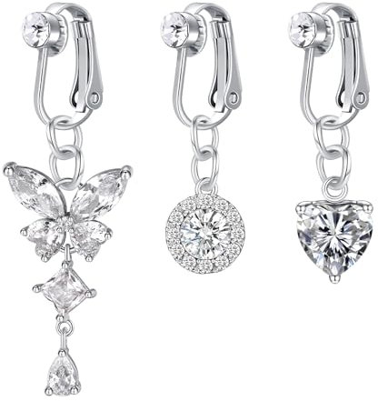NIUSIMAN Fake Bauchnabelpiercing Chirurgenstahl Clip auf Bauchnabelpiercing für Frauen Mädchen 3 Stück CZ Dangle Faux Bauchnabel Schmetterling Herz Bauch Piercing Non Piercing Schmuck