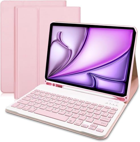für iPad Air 11 (M3/M2, 2025/2024) Hülle mit Tastatur, Deutsches QWERTZ Tastaturhülle mit Einzustellendem Magnetständer, Abnehmbare Schutzhülle (Rosa)