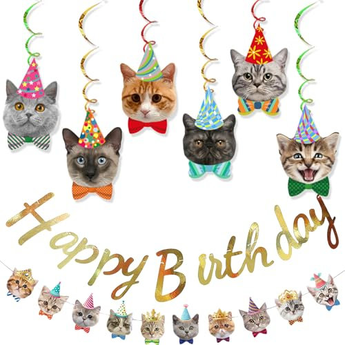 Calkkrer Decorazione per feste di compleanno, gatti, decorazioni di compleanno per gatti, striscioni Happy Birthday, striscione per gatti, ritagli da appendere.