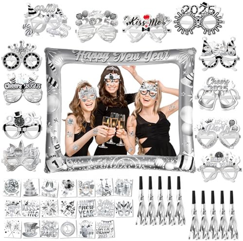 HOWAF Silvester Deko 2026 Silber, Aufblasbarer Fotorahmen Silvester Brille 2026 Partybrille Frohes Neues Jahr Tattoos Partytröten für Foto Requisiten Neujahr Deko, Happy New Year Deko 2026
