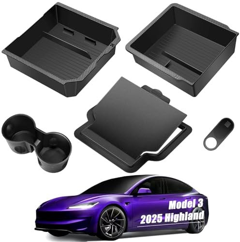 XINTUO Upgraded Tesla Model Y Juniper Accessories 2026-2025 Center Console Organizer Tray 5PCS for Tesla Model 3 Accessories 2025 Highland, Hidden Storage Box, Cup Holder & Armrest Drawer Organizer