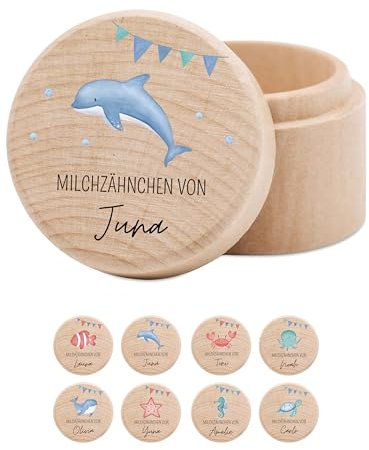 wunderwunsch® - Milchzahndose personalisiert aus Holz mit kinderfreundlichem UV-Druck - Zahndose Milchzähne als Erinnerung an die ersten Zähnchen (Delfin Girlande)