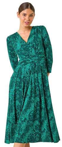 Roman Fit and Flare Dress for Women Ladies Chest Twist Knot Ruched Tea Skater Empire Waist Wedding Guest Smart Casual Swing Midi 3/4 Long Sleeve Knee Length