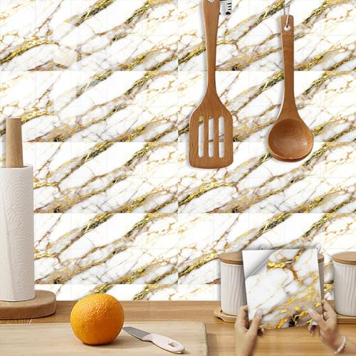 Fliesenaufkleber Goldener Marmor Pvc Klebefliesen Küche,Wasserfest Klebefliesen Fliesenaufkleber Bad,Diy Selbstklebende Fliesen Für Bad & Küche,Küchenrückwand Selbstklebend 10 Stück(20x20cm)