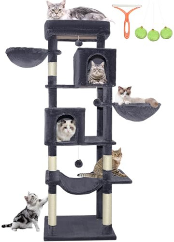 LEEJARD Kratzbaum Groß, XXL Katzenbaum, 180cm Hoch mit Große Plattformen, 5 Kratzsäulen, 2 Höhle, 2 Korb, Plüschbälle, Hängematte, Katzenbürsten und Kippschutz
