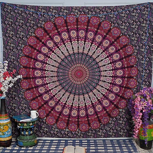FURNISHFUL FINESSE Mandala Wandteppich Lila Rosa Wandbehang Wandteppiche Boho Pfau Wandtuch für Dekor Zuhause und Wohnzimmer– 137 x 213 cm